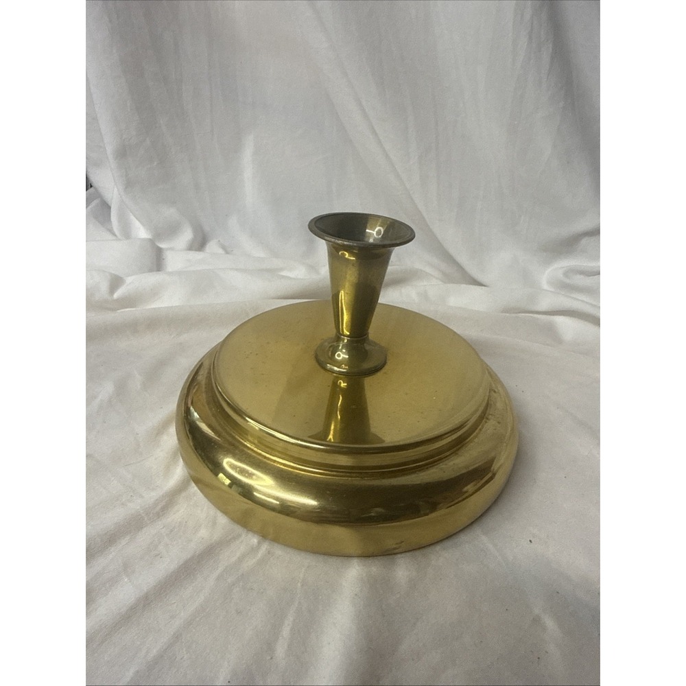 VTG Polished Brass Console Candlestick Holder Made in USA Low Profile Wide Base